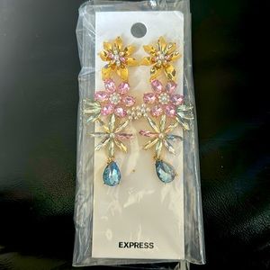Express drop rhinestone bling flowers jewel dangling chandelier earring studs